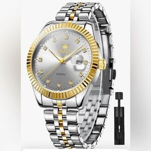 NWT NIB OLEVS Two Toned Silver and Gold Men's Quartz Watch